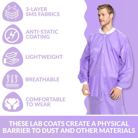 Knee Length Lab Coats 50G SMS, Unisex 10 Pack, Anti Static, Knit Cuffs, Pockets, Purple, Durable Pro Grade Medical Wear