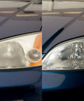 Comparison of car headlights before and after using Headlight Lens Restoration Kit 39008 For Clear Brighter Headlights At Home.