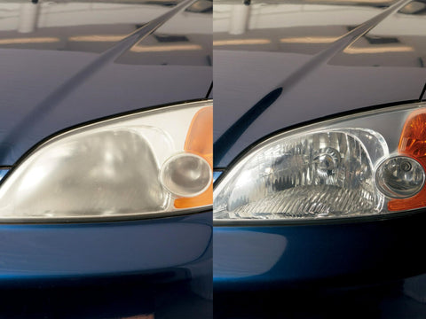 Before and after using DIY Headlight Restore Kit For Plastic Lenses Taillights And Fog Lights Brighter Clearer Beams With 1000 And 3000 Grit Discs.