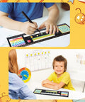 Student using Huge 48 Pack Chalkboard Style Self Adhesive Desktop Nameplates For Classroom Use at desk with charts visible.