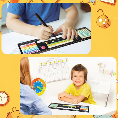 Student using Huge 48 Pack Chalkboard Style Self Adhesive Desktop Nameplates For Classroom Use at desk with charts visible.