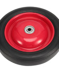 Heavy Duty 10 Inch Flat Free Solid Rubber Garden Cart Wheel with red center and half inch axle hole, perfect for utility carts.