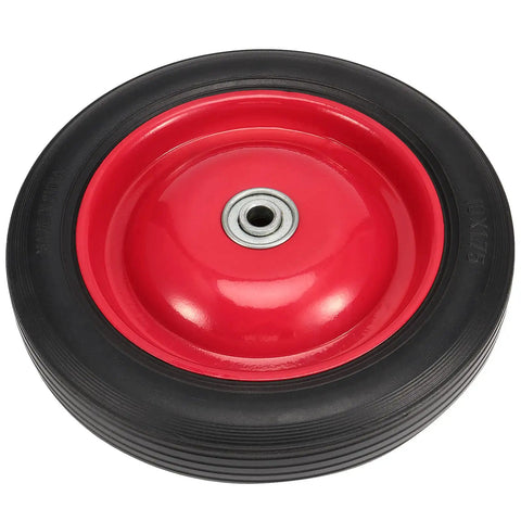 Heavy Duty 10 Inch Flat Free Solid Rubber Garden Cart Wheel with red center and half inch axle hole, perfect for utility carts.
