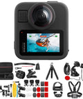 MAX2 Dope 360 Degree Waterproof Action Camera Bundle with accessories including tripod, straps, and storage case.