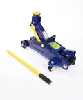 2 Ton Heavy Duty Hydraulic Floor Jack With Low Profile Design for sedans, blue construction, with handle, wheels visible