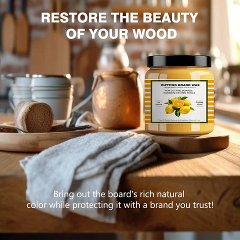 Straight Up Beeswax Cutting Board Finish Wax Blended With Carnauba And Fresh Lemon Orange Oils To Nourish Wood Butcher Blocks And Keep Your Kitchen Gear Looking Sharp 3.5 Oz Tin displayed on a wooden table with kitchen items.
