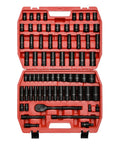 One Half Inch Drive Impact Socket Master Set With Seventy Pieces Includes SAE And Metric Sockets From Five Sixteenth To One And One Quarter Inch Shallow And Deep Sockets Ratchet Handle Extension Bar And Adapters Chrome Vanadium With Black Phosphate Finish displayed in red case