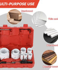 Maycraft hole saw kit in red case with 11 white blades, 2 arbors, 3 pilot bits, and hex wrench.