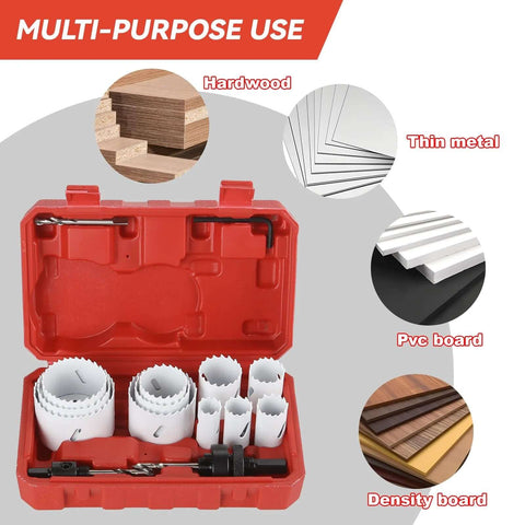Maycraft hole saw kit in red case with 11 white blades, 2 arbors, 3 pilot bits, and hex wrench.