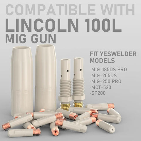 Lincoln Magnum 100L Compatible MIG Welding Gun Accessories Kit with nonstick tips, nozzles, and diffusers on display.