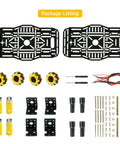 Mecanum wheel robotics kit parts including wheels, motors, and chassis for STEM projects.