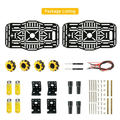 Mecanum wheel robotics kit parts including wheels, motors, and chassis for STEM projects.