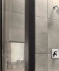 Bathroom with Eight Function Showerhead With High Pressure Massage Modes, Chrome Finish on tiled wall, 5 inch diameter spray head view