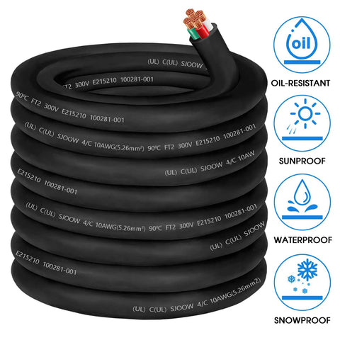 Heavy Duty 100 Ft 10/4 SJOOW Cord Cable Waterproof Oil Resistant Power Wire For Generators And Motors with copper conductors.