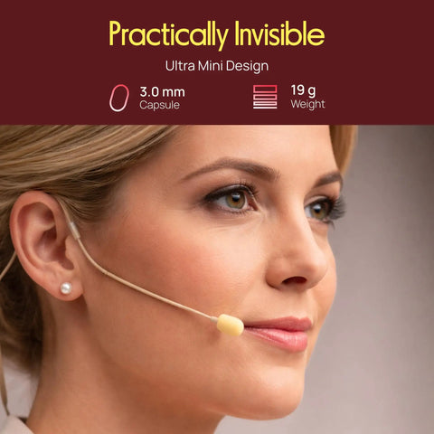 Close-up of Dual Over-Ear Headset Mic for Presentations with Omni-Directional Condenser Pickup, beige, on person wearing earrings.