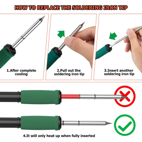 Diagram showing how to replace the soldering tip of the Pro 75W Soldering Station With Rapid Heat Up Digital Display T12 Tip Auto Sleep