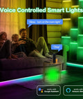 Family using 100Ft Smart WiFi LED Strip Lights With Voice Control, showing Alexa and Google Home integration in a living room setting.