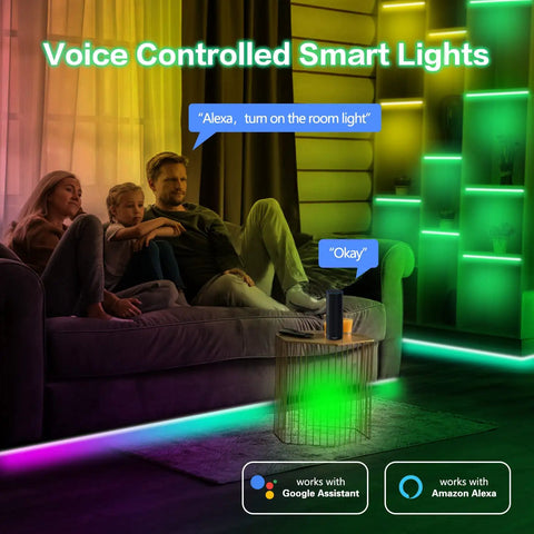 Family using 100Ft Smart WiFi LED Strip Lights With Voice Control, showing Alexa and Google Home integration in a living room setting.