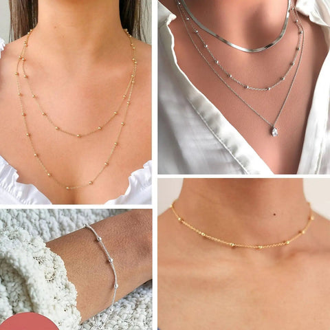 33ft 2mm Stainless Steel Satellite Bead Chain Roll Bulk For Jewelry Making, 304 Stainless Steel Nickel Free And Lead Free Cable Chain With 4mm Beads, Ideal For Necklaces, Bracelets, And Artisan Jewelry Projects. layered necklace and bracelet examples