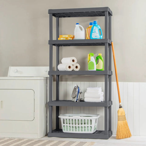 Hustle Proof Five Shelf Heavy Duty Plastic Storage Rack With Ventilated Perforated Shelves Holding Up To One Hundred Fifty Lbs Per Level For Garage Basement Project Organization