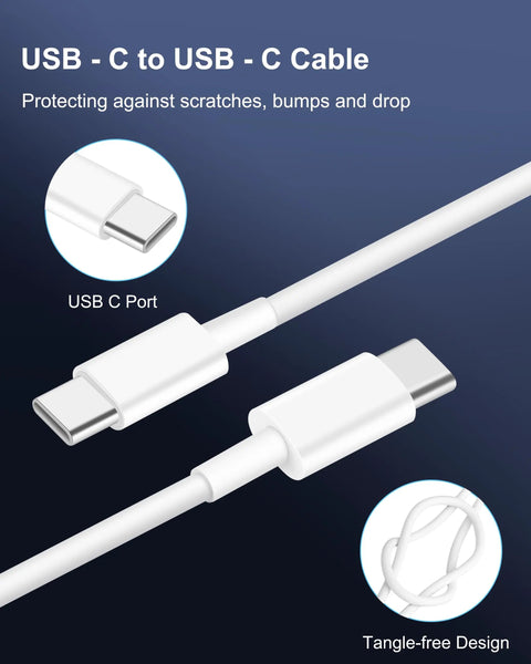 67W Three-Port USB C Car Charger With 3Ft Cable showing white USB-C to USB-C cable close-up on dark background