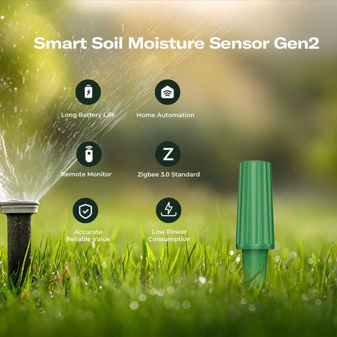 Gen2 Smart Soil Moisture Sensor with capacitive sensing, Zigbee hub required, shown on grassy surface with icons and features.