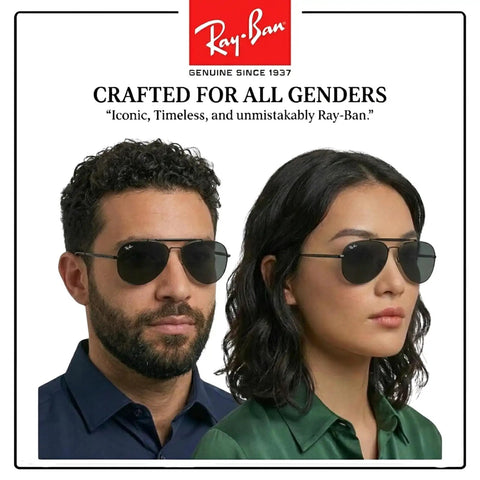 Man and woman wearing Ray-Ban pilot shape non polarized sunglasses with dark grey lenses and black frames.