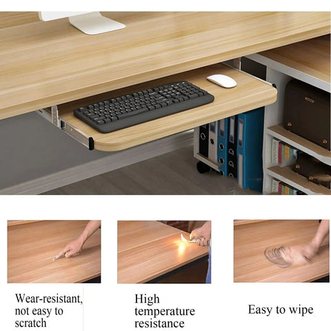 Under Desk Keyboard Tray Pull Out Drawer With Buttery Smooth Glide Rails height adjustable with ergonomic mouse pad shelf.