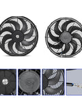 Straight Shot Universal 16 Inch Black Slim Radiator Cooling Fan 12V 100W Push Pull Setup, front and back views, with detailed shots.
