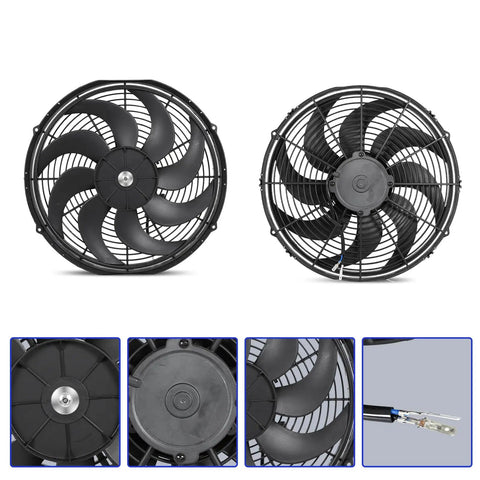 Straight Shot Universal 16 Inch Black Slim Radiator Cooling Fan 12V 100W Push Pull Setup, front and back views, with detailed shots.