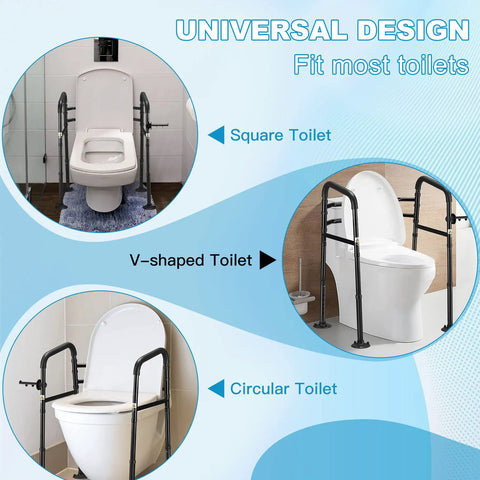 Universal Toilet Safety Rail With Adjustable Height And Width, 4 Non Slip Suction Cups, Heavy Duty Grab Bar on various toilets