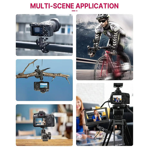Rock-Solid Pro Grade Camera Clamp Mount with 360 Degree Ballhead used in diverse setups, showcasing versatility with Canon and Nikon DSLRs