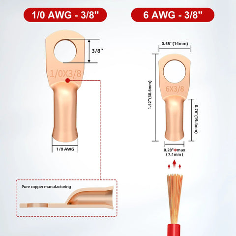 1/0 AWG and 6 AWG copper ring terminals with dimensions shown, suitable for Straight Up Heavy Duty 250A Power Distribution Block 12V DC Bus Bar.