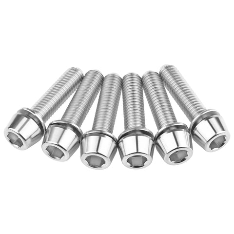 Six titanium M5x20mm Allen bolts with washers for bicycle stem, arranged in a row