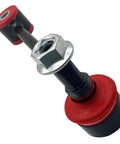 Front sway bar stabilizer link with red bushings, hex nut, and mounting hardware