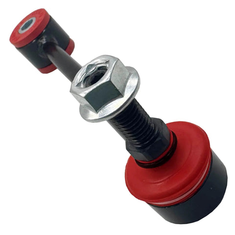 Front sway bar stabilizer link with red bushings, hex nut, and mounting hardware