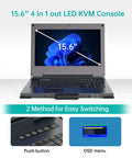 Heavy Duty Portable Kvm Console and Slick Crash Cart Featuring 15.6 Inch 4K Lcd Screen, keyboard, and screen details.