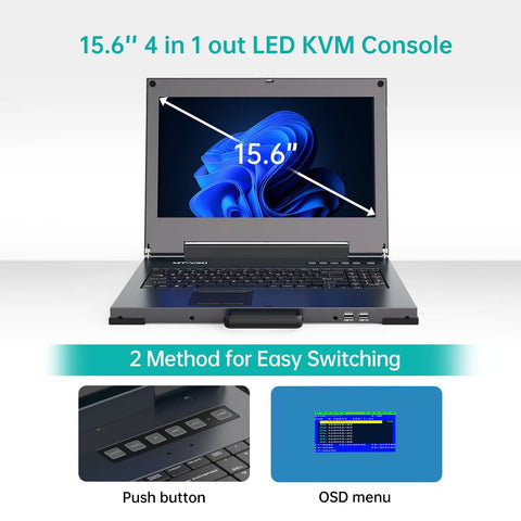 Heavy Duty Portable Kvm Console and Slick Crash Cart Featuring 15.6 Inch 4K Lcd Screen, keyboard, and screen details.