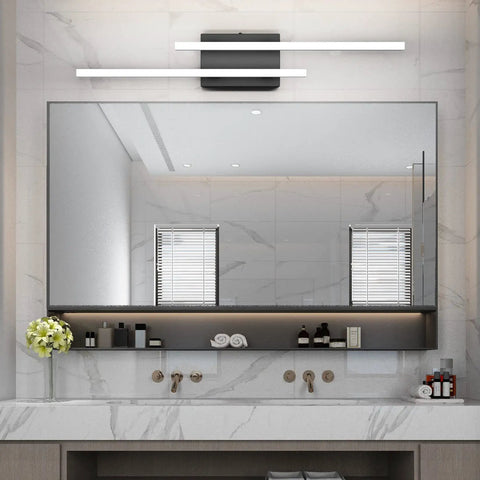 Modern LED Vanity Light 30 Inch Black Bathroom Fixture Dimmable Wall Mount White Light 6000K Aluminum Frame With Frosted Acrylic Shade Matte Black Finish above white vanity