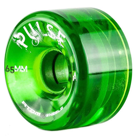 Close-up of a green 65x37mm Pulse outdoor quad skate wheel with 78A hollow core, designed for street and boardwalk cruising.