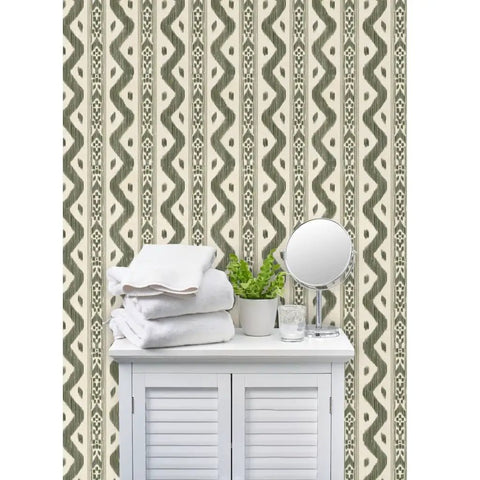 Killer Stripe Pattern Textured Leather Vinyl Wallpaper Rock Solid Commercial Grade Wallcovering For Offices Hotels And Restaurants Paste Required Pro Install in bathroom setting with towels and plants.