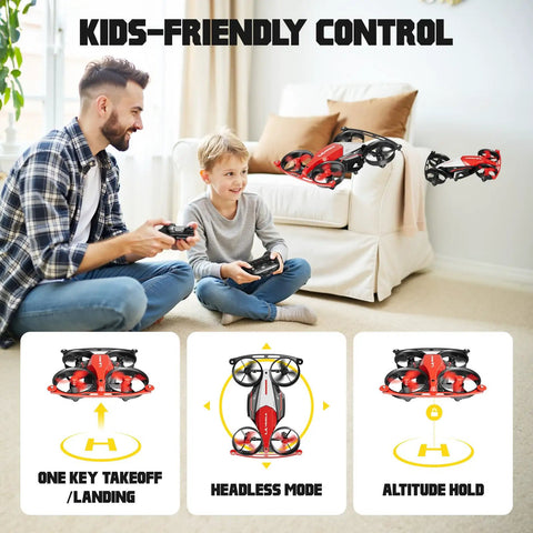 Father and son playing with Dual Mode Mini Indoor Drone And Flying Car For Kids 8 12 With 24 Track Set 360 Flips Altitude Hold.