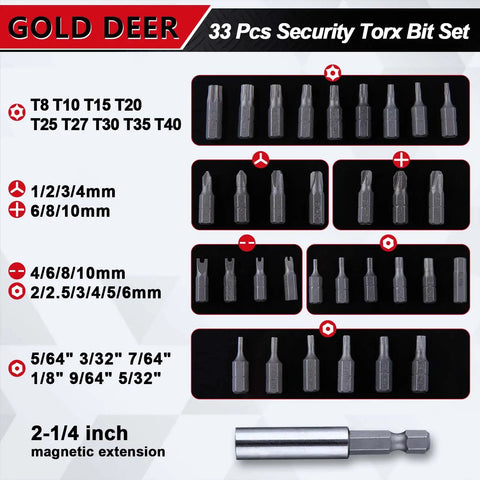 Badass Security Torx Bit Set With Magnetic Extension Holder And L Spanner Tamper Resistant Star Drive Bits Metric Imperial Hex Key Wrench Garage Essentials, showing 33 pieces including magnetic extension.