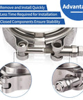 Close-up of Stainless Steel Two And A Half Inch V Band Exhaust Clamps Dual Pack With Male Female Quick Release Plug And Play