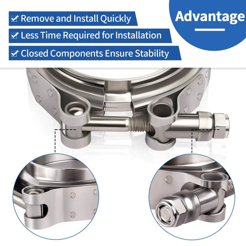 2Pcs V Band Flange Clamp Kits, 3 Inch Stainless Steel Exhaust V Band Clamp With Male And Female Quick Release Flat Flange Assembly, close-up