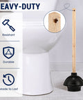 Heavy Duty Rubber Toilet Plunger 12 Pack Smooth Double Thrust Suction Cups Long Wooden Handle in bathroom setting.