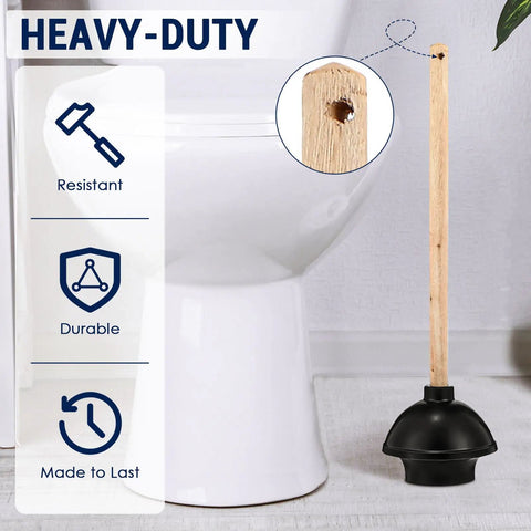 Heavy Duty Rubber Toilet Plunger 12 Pack Smooth Double Thrust Suction Cups Long Wooden Handle in bathroom setting.