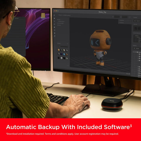 Massive 8TB External SSD Desk Drive With USB-C And USB 3.2 Gen 2 next to computer for 3D modeling and backups