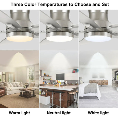 52 Inch Flush Mount Brushed Nickel Ceiling Fan With Light And Remote, Ultra Quiet DC Motor, Dimmable LED Light, 3 CCT display