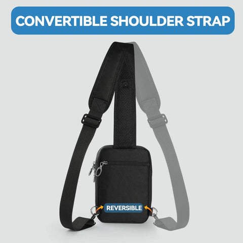 Anti Theft Crossbody Sling Bag With Lockable Zipper And RFID Blocking Pocket shown with reversible strap